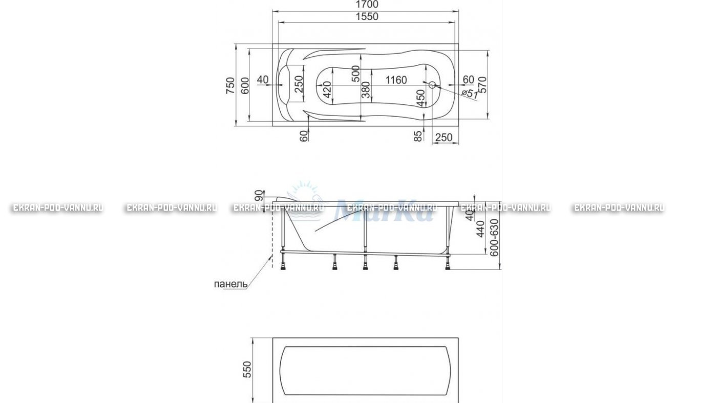 Акриловая ванна 1MarKa Calypso 170x75 – купить по цене 13950 руб. в интернет-магазине в городе Брянск картинка 22