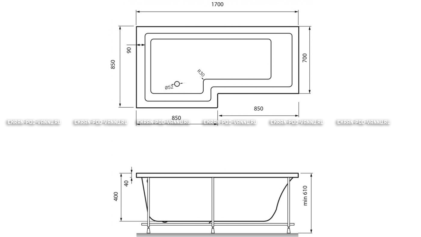 Акриловая ванна Vayer Options 170х70/85 – купить по цене 24110 руб. в интернет-магазине в городе Брянск картинка 13